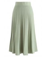 A-Line Pleated Knit Midi Skirt in Pea Green