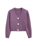 Stitch Rose Buttoned Crop Knit Cardigan in Lilac