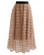 3D Rose Mesh Tulle Midi Skirt in Caramel