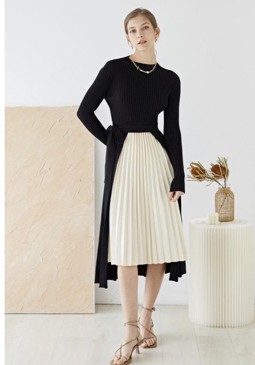 Front Pleats Splicing Belted Hi-Lo Knit Dress in Black - Retro, Indie and  Unique Fashion