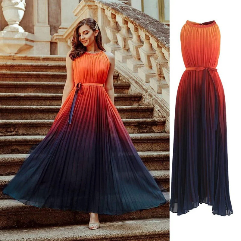 Splendor of the Sunset Gradient Pleated Maxi Dress - Retro, Indie and  Unique Fashion