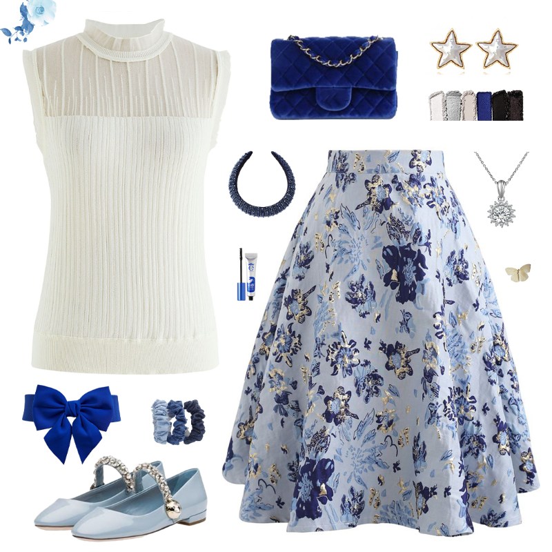 Blue Floral Embossed Jacquard Midi Skirt - Retro, Indie and Unique Fashion