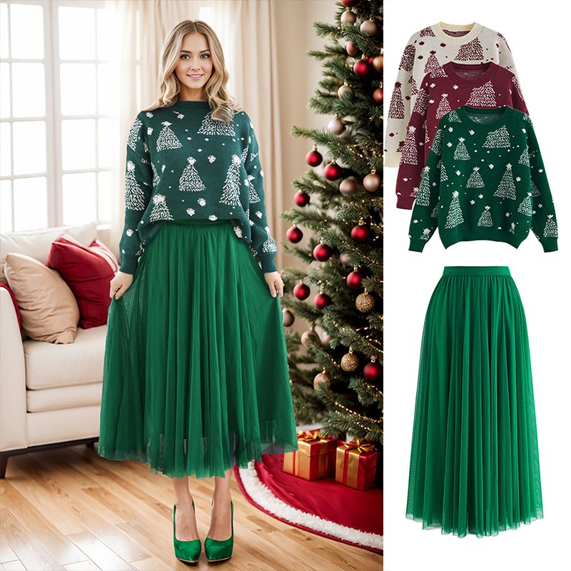 Christmas Tree Pattern Jacquard Knit Sweater in Cream - Retro