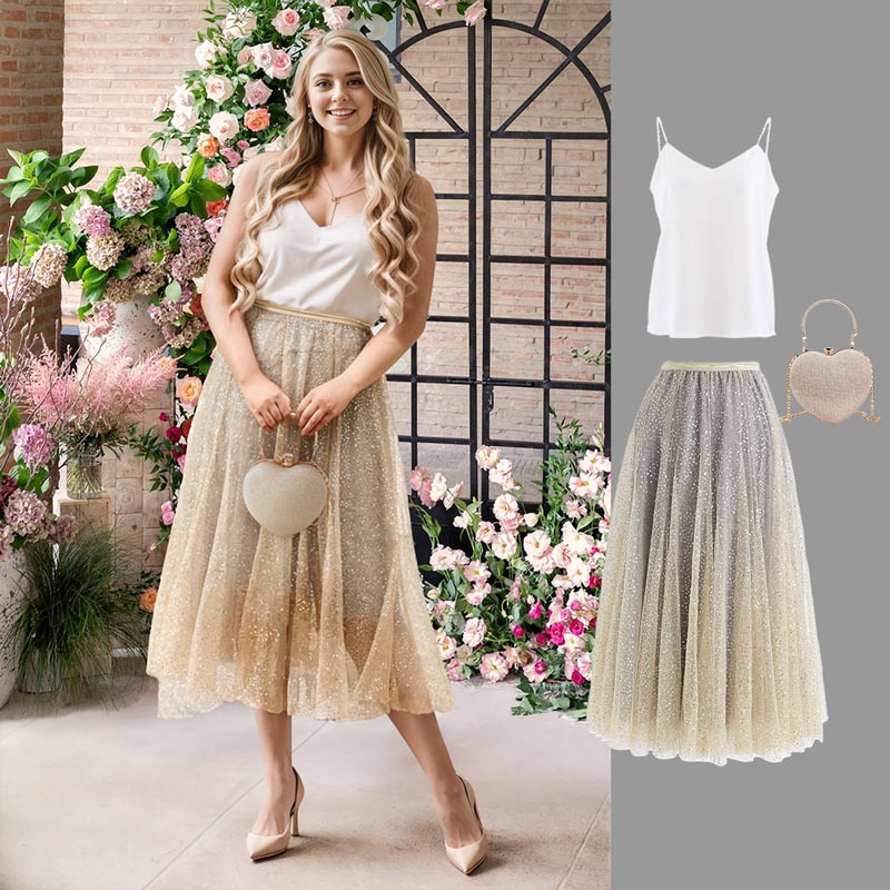 Shimmer Sequins Embroidered Mesh Tulle Pleated Skirt - Retro, Indie and  Unique Fashion