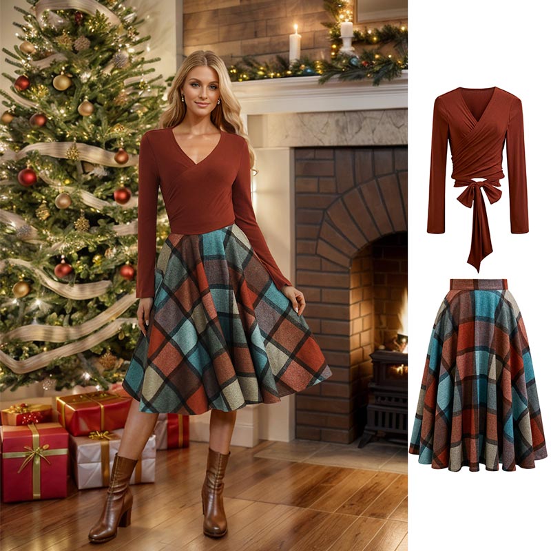 Color Block Checked Pattern Flare Midi Skirt