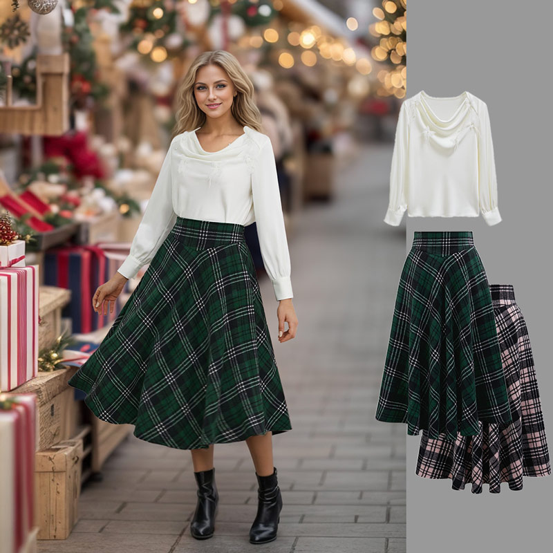 Sophisticated Plaid A Line Midi Skirt in Dark Green Retro Indie and Unique Fashion