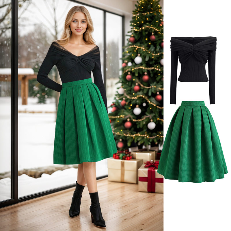 Wavy Texture Pleated Midi Skirt in Green Retro Indie and Unique Fashion