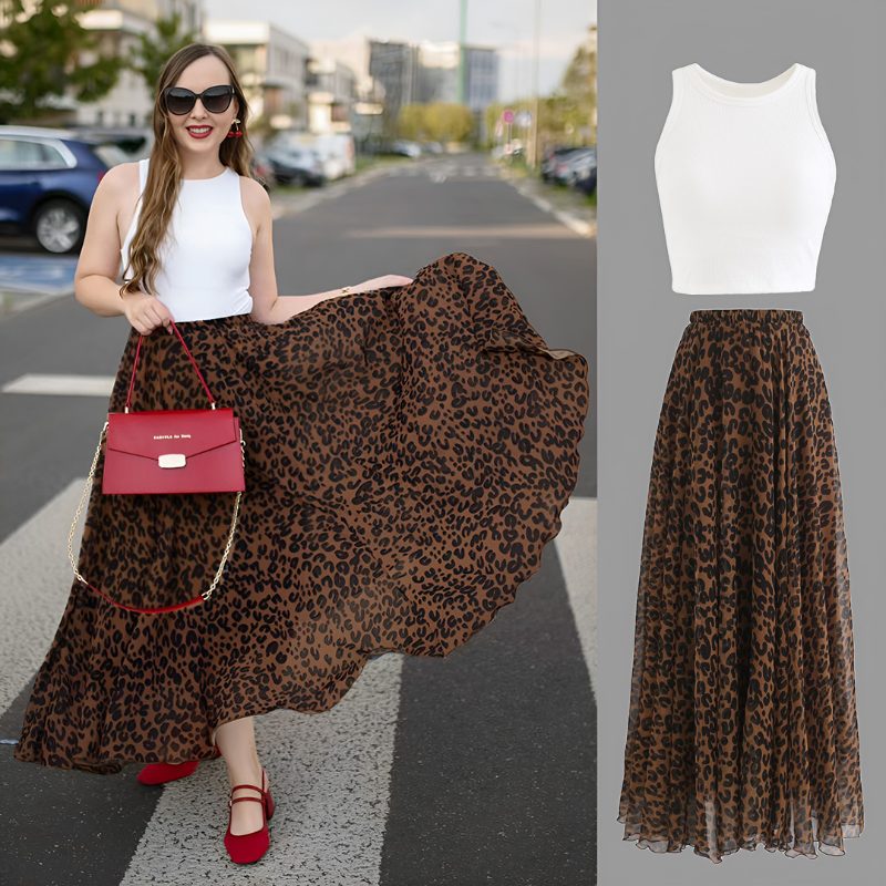 Leopard Watercolor Maxi Skirt in Brown Retro Indie and Unique Fashion